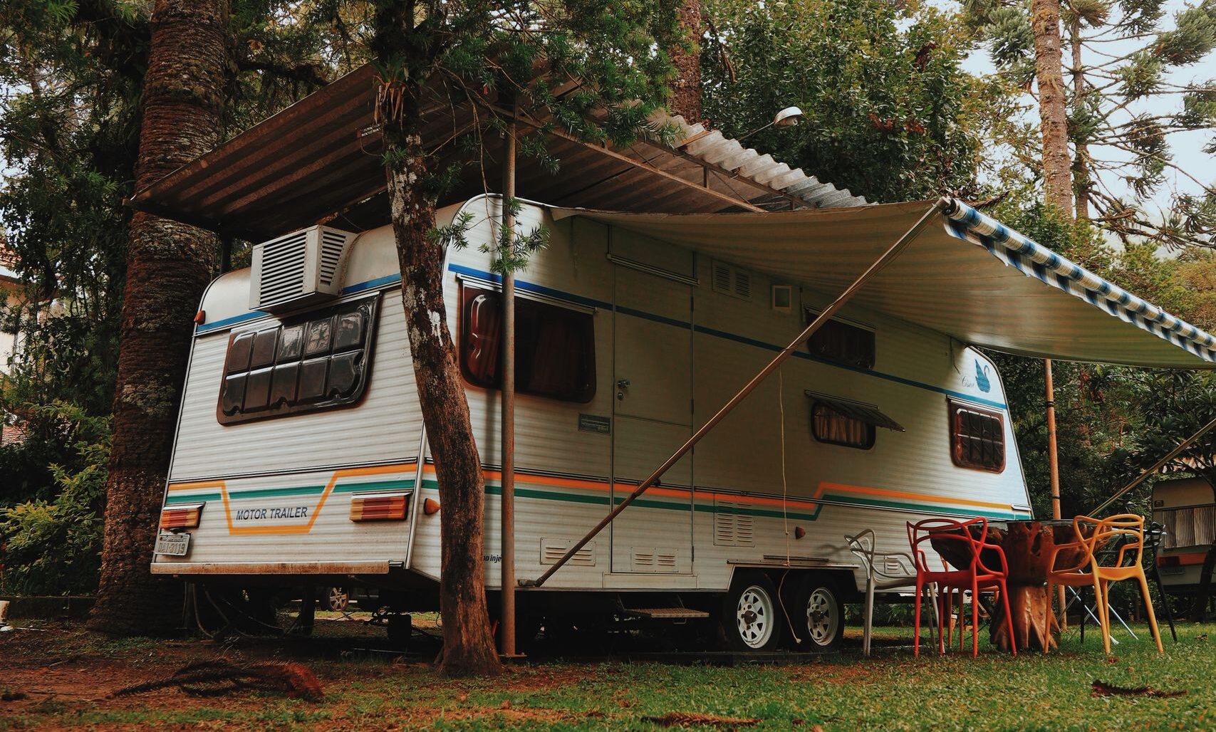 Vintage campervan parked amidst towering trees, offering a serene and rustic outdoor experience.